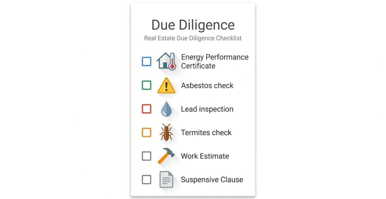 Checklist visuelle des diagnostics obligatoires et des étapes avant le compromis de vente.