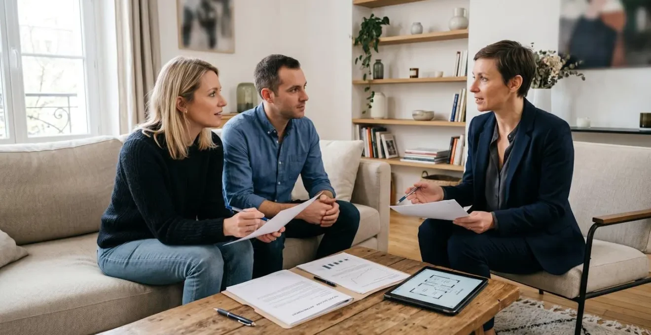 Couple assis face à une conseillère immobilière dans un salon lumineux, échangeant des documents et discutant sérieusement d'un projet d'achat