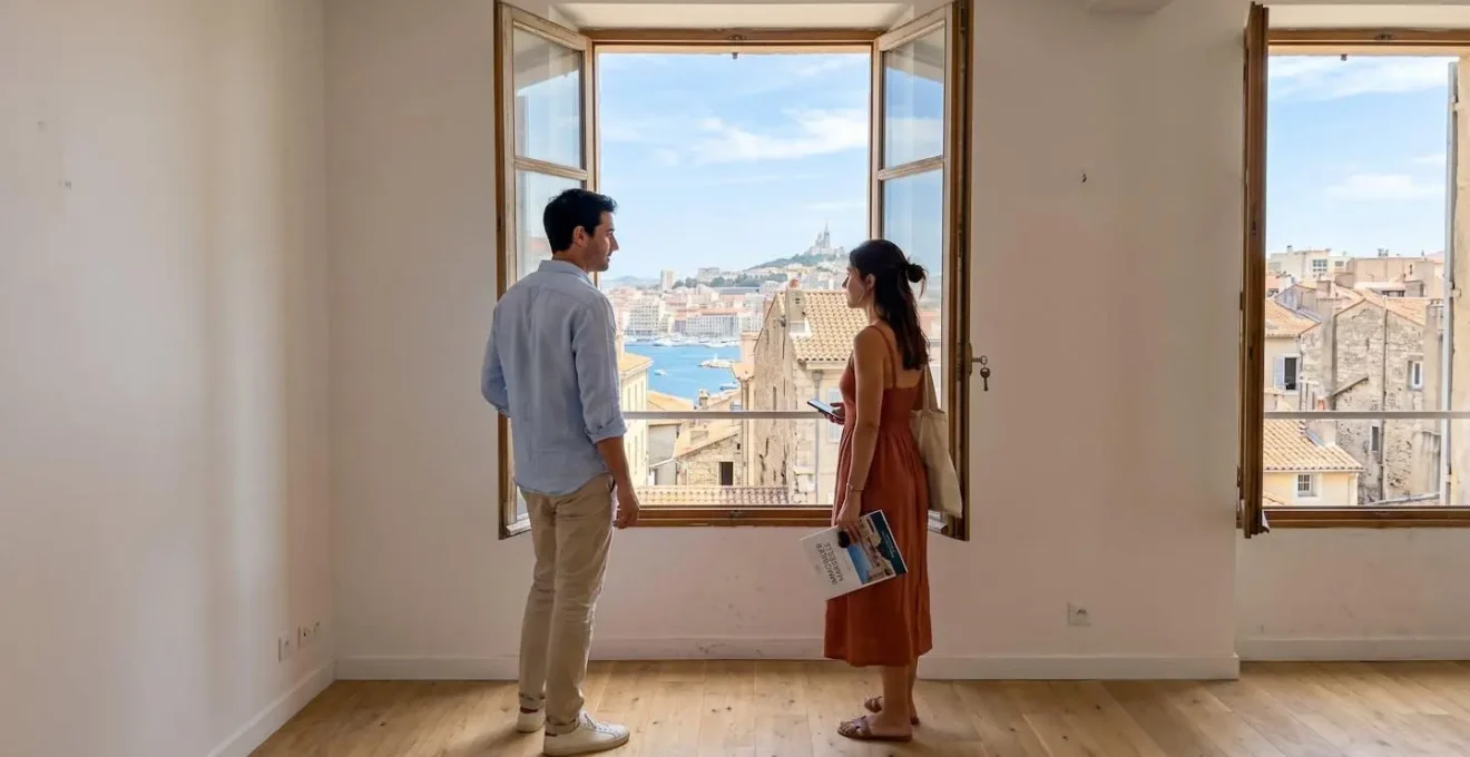 Couple de trentenaires visitant un appartement vide à Marseille, observant la vue depuis une grande fenêtre lumineuse donnant sur les toits de la ville