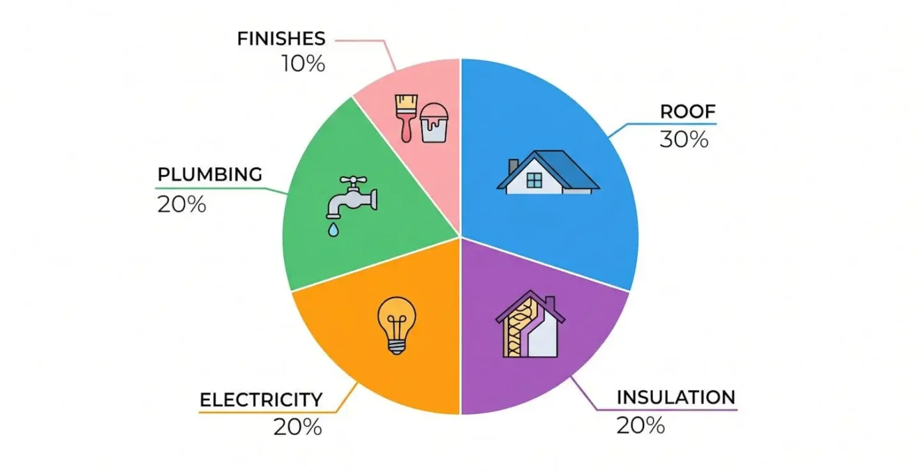 Diagramme en secteurs illustrant la répartition moyenne d'un budget travaux : toiture 30%, plomberie 20%, électricité 20%, isolation 20%, finitions 10%.