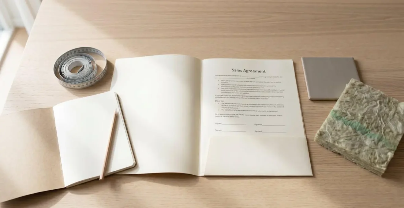 Un dossier de compromis de vente ouvert sur une table en bois, accompagné d'un mètre ruban et d'échantillons de matériaux, symbolisant la préparation avant signature.