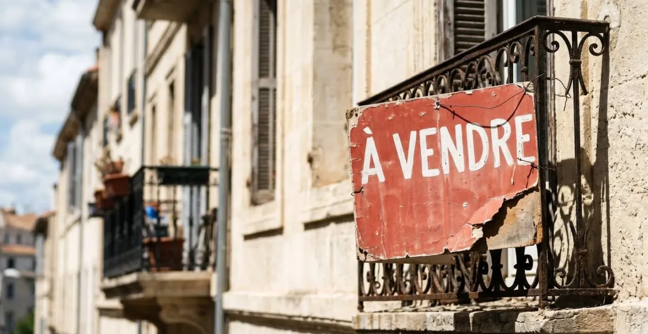 Façade d'immeuble résidentiel marseillais typique avec balcons en fer forgé et panneau à vendre légèrement délavé par le soleil