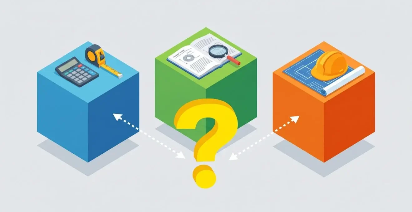 Illustration isométrique comparant trois méthodes d'estimation de travaux : rapide, technique et experte.