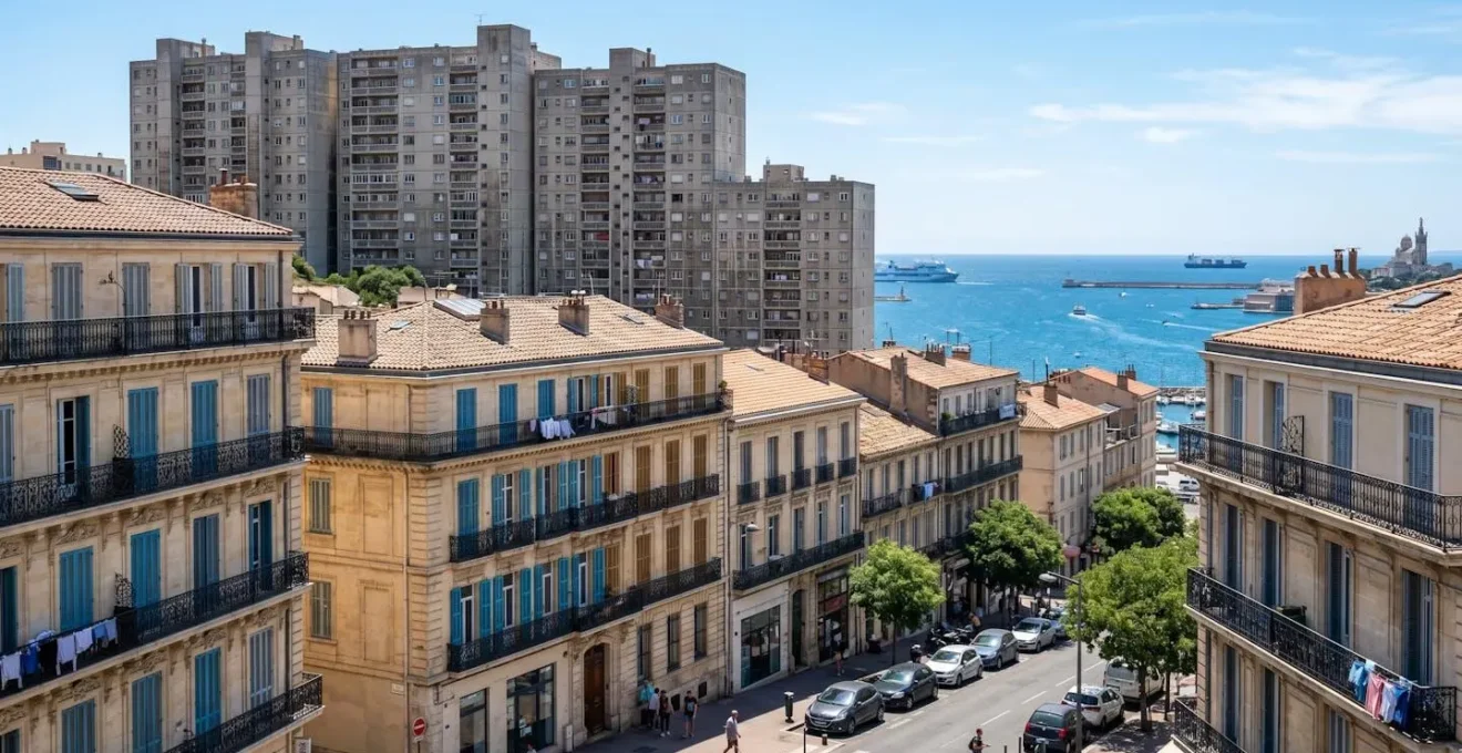 Contraste architectural entre immeubles haussmanniens rénovés et habitat social dans deux arrondissements marseillais contigus